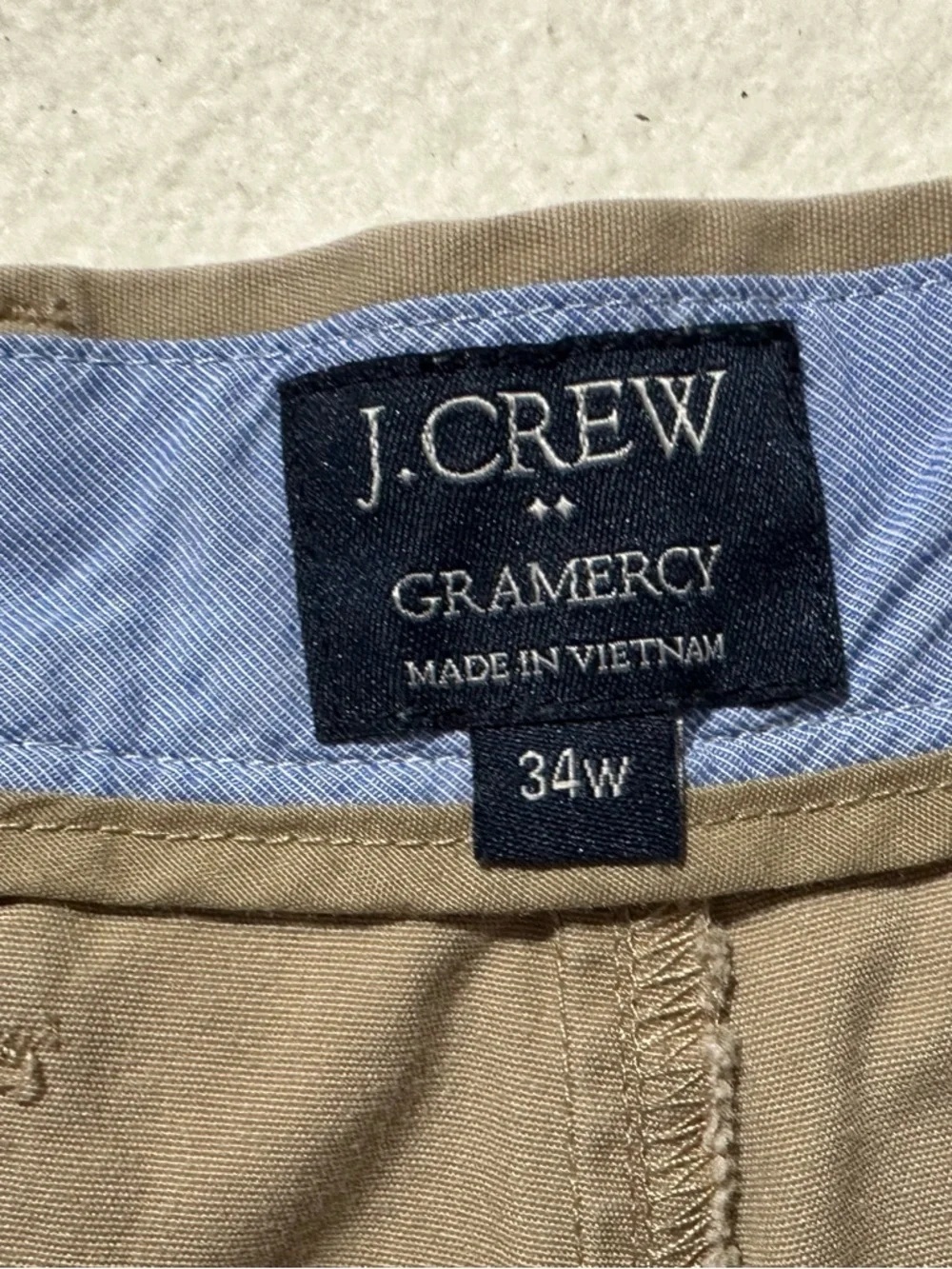 J. Crew Khaki Shorts Grammercy Style with Blue Inner Waistband Size 34 Waist